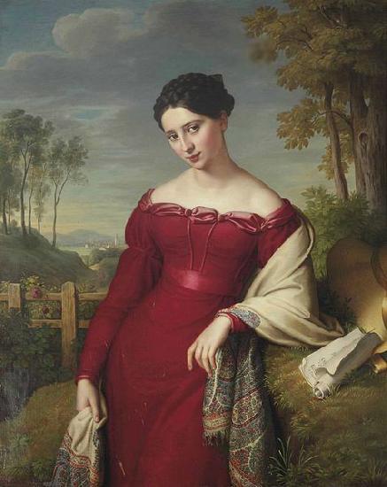 Eduard Friedrich Leybold Portrait of a young lady in a red dress with a paisley shawl China oil painting art